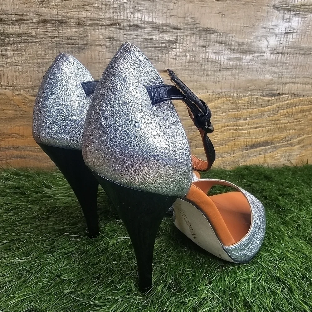Rebecca Minkoff Ellie Silver Crushed Metal -Silver Sz 7 - Picture 3 of 11